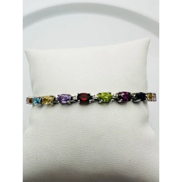 Multi Gemstone Tennis Bracelet Sterling Silver Kay Jewelers 7.25” - Picture 1 of 12